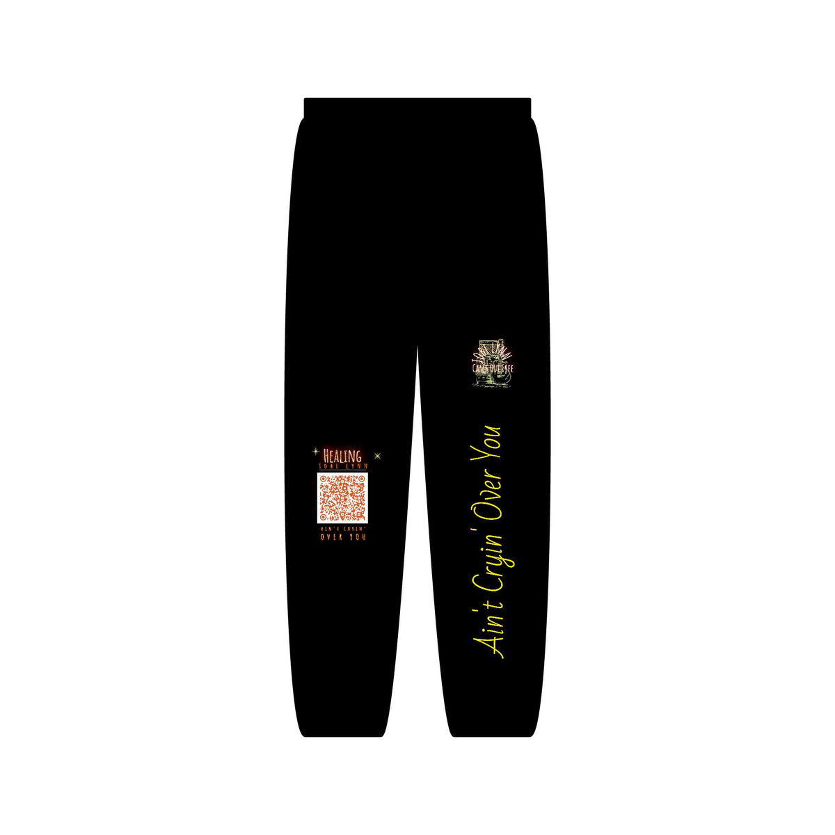 Graphic Joggers — "Ain’t Givin’ Over You" Black Sweatpants with QR Code & Crest